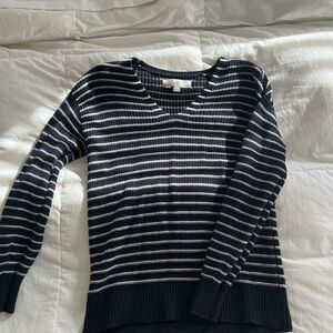 LOFT Blue and White V-Neck Striped Sweater